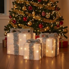 3 Light Up Christmas Gift Boxes Warm White LED Battery Lit Parcels White & Silve