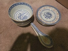 Vintage Blue Dragon Rice Pattern 3 Bowls, 3 Saucers And 3 Spoons