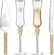 4 Pcs Wedding Cake Knife and Champagne Flutes Server Set for Bride