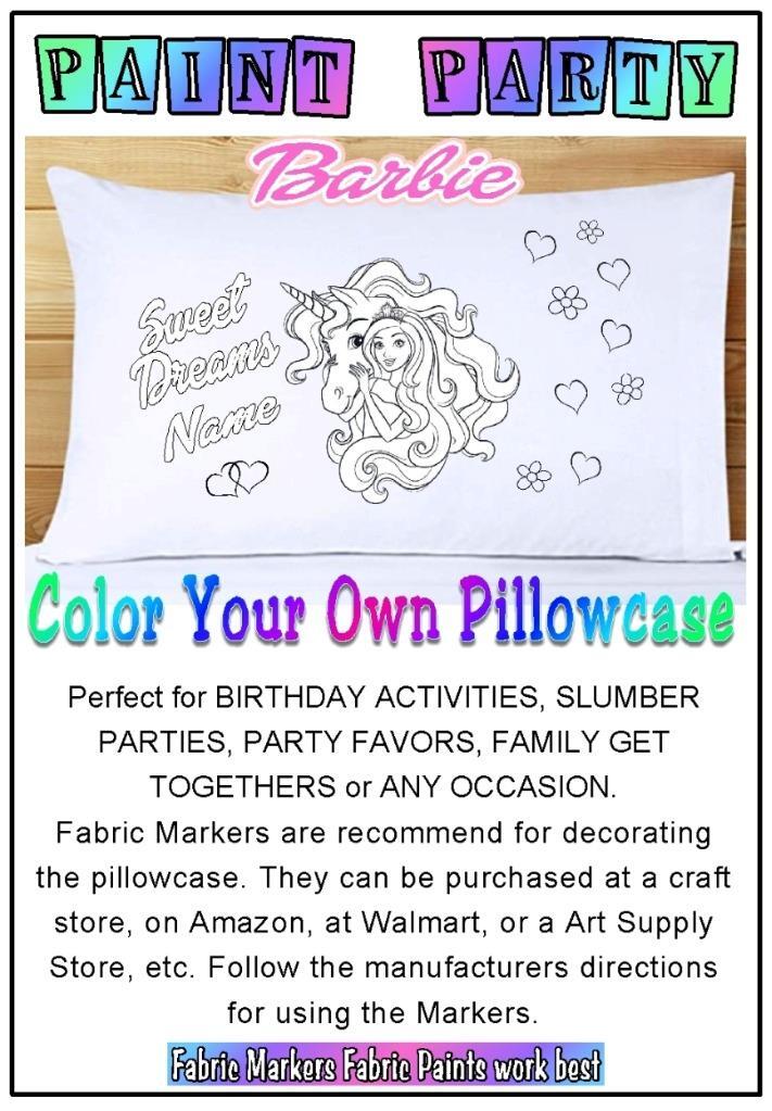 PAINT PARTY BARBIE UNICORN PILLOWCASE DIY PERSONALIZED Sleepover