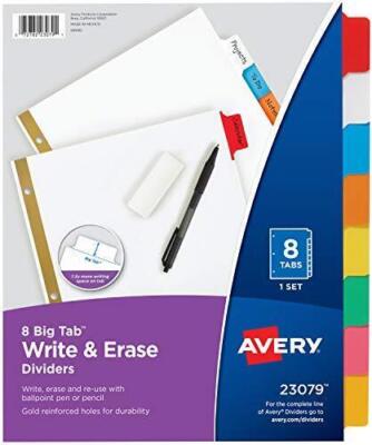 Avery 5 Sets 8-Tab Binder Dividers Write & Erase Big Tabs # 23079 3 Ring 40 ct