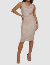 Kensie Women's Beige Shimmer Crepe Cowl Neck Sleeveless Sheath Dress Size 4