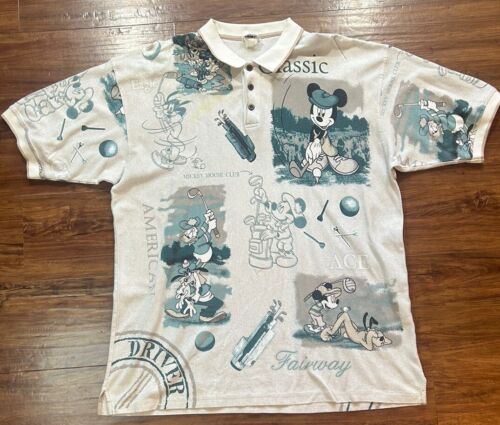 Vintage Disney 2XL Golf Polo All-Over Short Sleeve Mickey Donald Pluto Goofy - Picture 1 of 15
