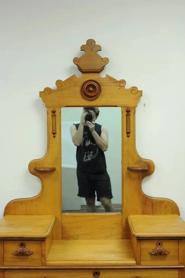 Antique Eastlake Victorian Carved Chestnut Step Down Cottage Dresser w/ Mirror - Image 4 of 4