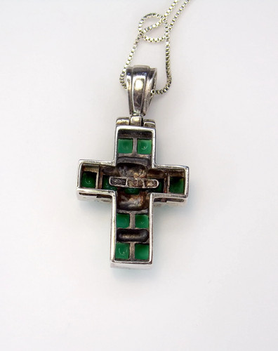 Vintage Sterling Silver Turquoise Enamel Cross Necklace, Tribal Jewelry - Picture 3 of 4