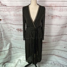 VTG. Judith Ann Creations Beaded Black Silk Belted Faux Wrap Dress - Size M