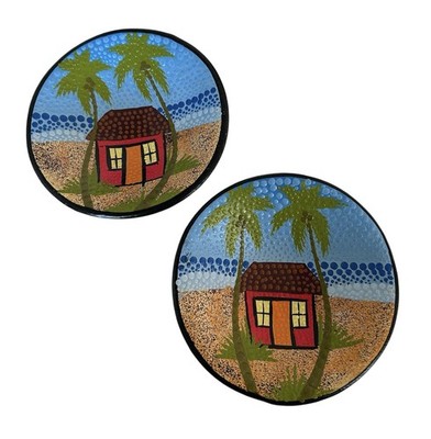 Set of 2 Vintage Lombok Indonesia Clay Trinket Bowls Hand-Painted Sasak Dot Art