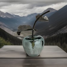 Vtg Smokey Blue Hand Blown Art Glass Apple Metal Stem Leaves 7.5” Tall Pretty(F)