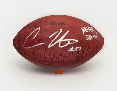 Chicago Bears Cole Kmet SIGNED Game Used NFL Football Photo PROOF BEAR DOWN!
