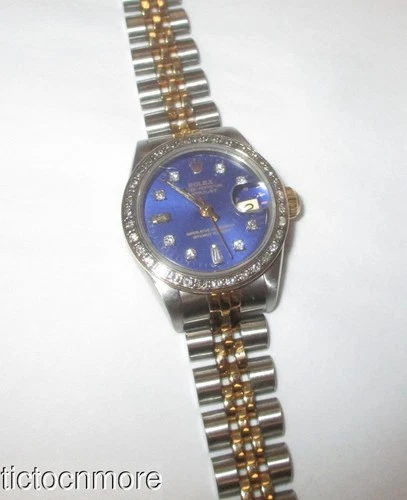 VINTAGE ROLEX OYSTER DATEJUST WATCH 69173 STEEL BLUE DIAL DIAMOND BEZEL TWO TONE