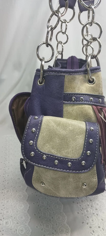 Vaquera Moda Púrpura Oculto Llevar Bolsillo Camuflado Flecos Occidentales Foto 3 de 4