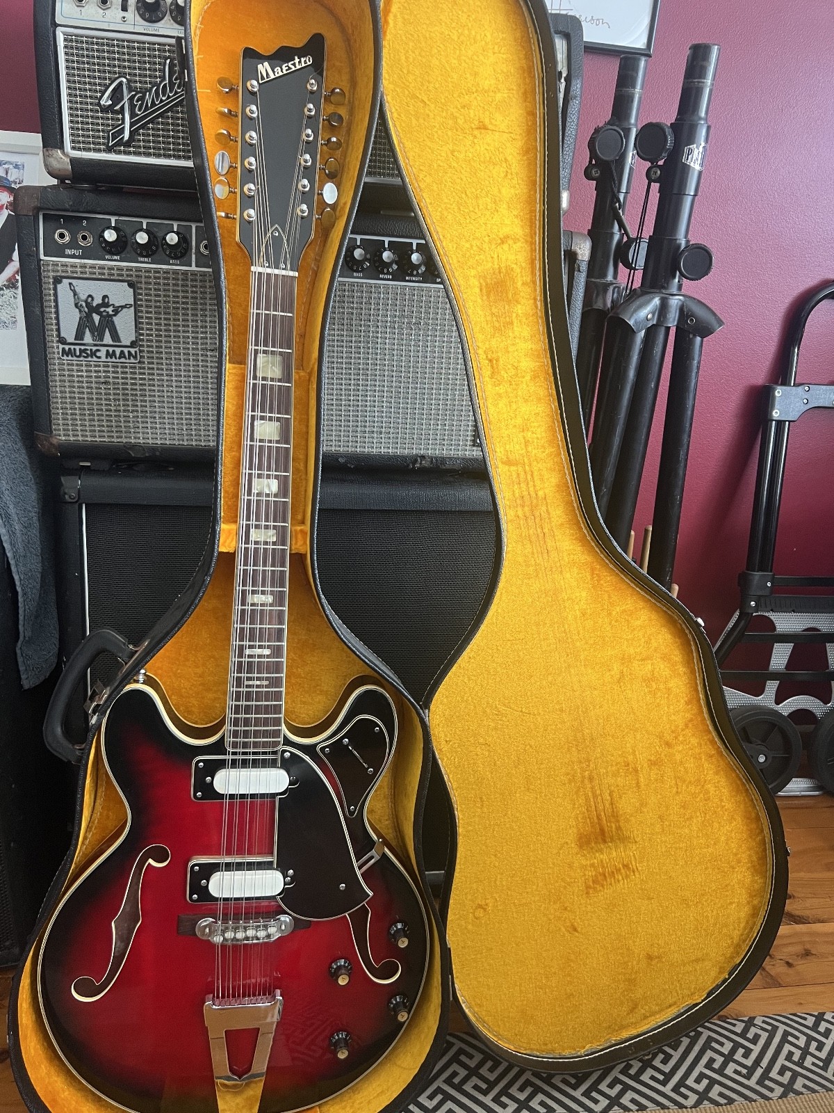 Maestro Electric 12 String Guitar 1960s - Red Burst. With Hardcore