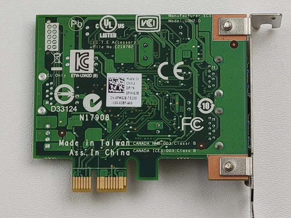 ECS U3N2-D Dell FWGJ8 / 0FWGJ8 2-Port USB 3.0 PCIe x1 Low Profile Expansion Card - Image 3 of 3
