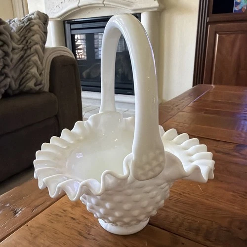 Vintage Fenton Hobnail Milk Glass Ruffled Edges and Footed with Handle Basket