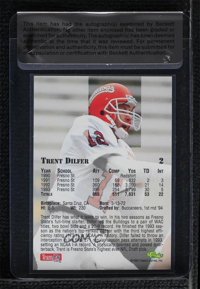 BAS 1994 Classic NFL Draft Trent Dilfer #2 Seal of Authenticity Auto Rookie RC - Image 2 of 2