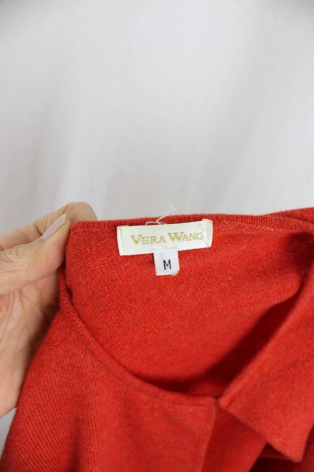 Suéter cardigã feminino Vera Wang laranja 100% cashmere acabamento de pele manga longa M - Imagem 3 de 4