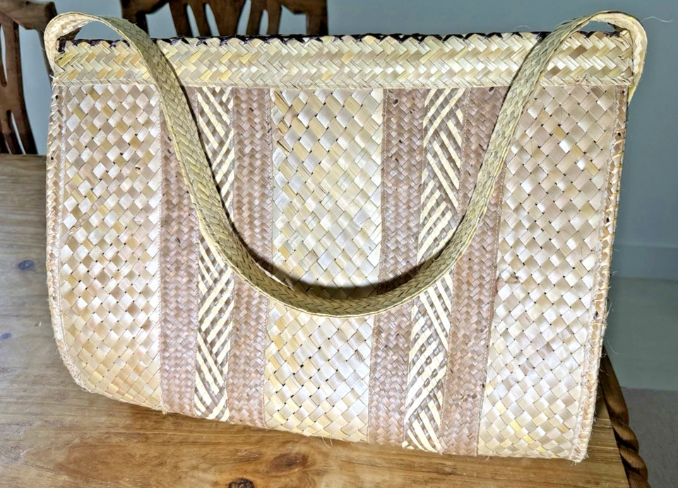 复古手工编织草编托特包紫色衬里波西米亚海岸海滩市场大号 — 第 2/4 张图片