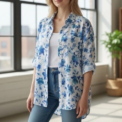 Susan Graver Pure Linen Sz 2X Blue Floral Button Long Sleeve Shirt Coastal