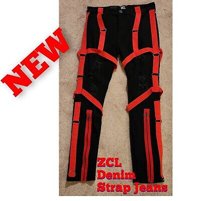 Men's ZCL Black and Red Strap/Zipper Jeans. Size 34 × 32 New Men's ZCL Black and Red Strap/Zipper Jeans. Size 34 × 32 New
