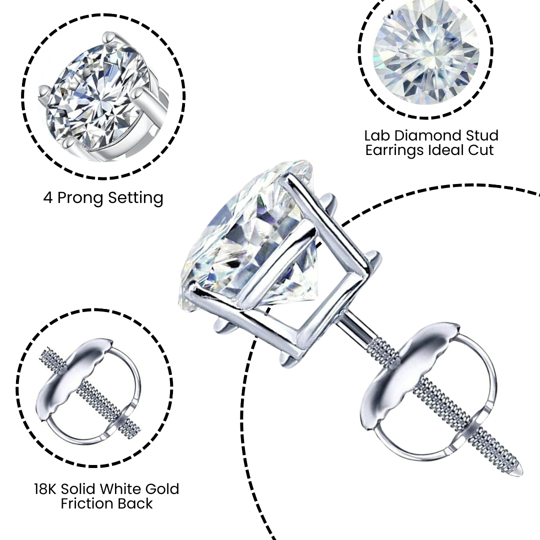 3/4Ct D VVS2 Diamond Stud Round Earrings Certified Lab Grown 18K White