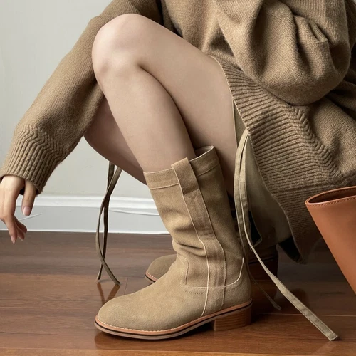 Halbhohe Damen-Westernstiefel Veloursleder rund geschnitten zum Überziehen niedriger Absatz Größe - Bild 2 von 10