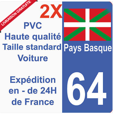 Autocollant Sticker plaque immatriculation département 64 Région Pays Basque HQ - Picture 1 of 1