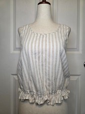Hem & Thread L Linen Cotton White Brown Striped Sleeveless Top Beachy Preppy 