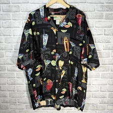 Paradise Found 100% Rayon Alcohol Print Black Hawaiian Shirt Mens Size XXL