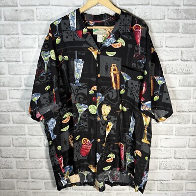 Paradise Found 100% Rayon Alcohol Print Black Hawaiian Shirt Mens Size XXL 