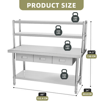 60''x24'' Workbench Stainless Steel Table 2-Tier Shelf 3 Drawers Adjustable Height