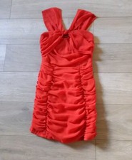 PrettyLittleThing Orangey Red Bodycon Dress Sheer Evening Party Wiggle UK8