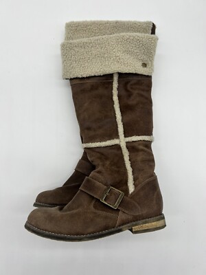 Tall Brown Leather Sherpa Pull On Boots Women’s