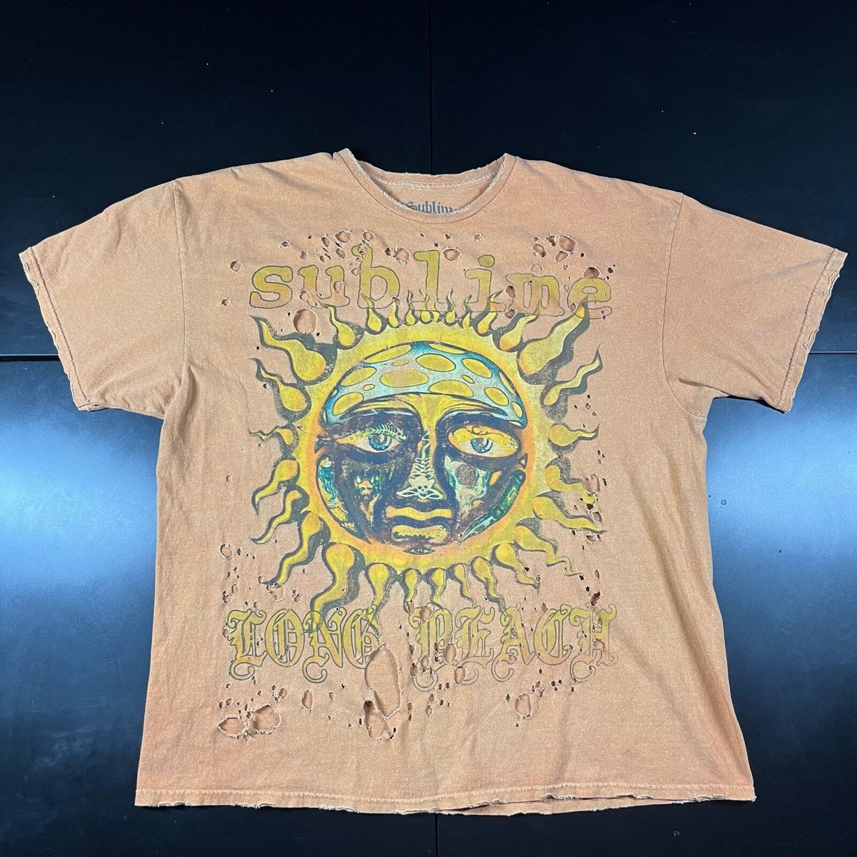 Sublime Long Beach Sun T Shirt One Size Distress Holes Orange