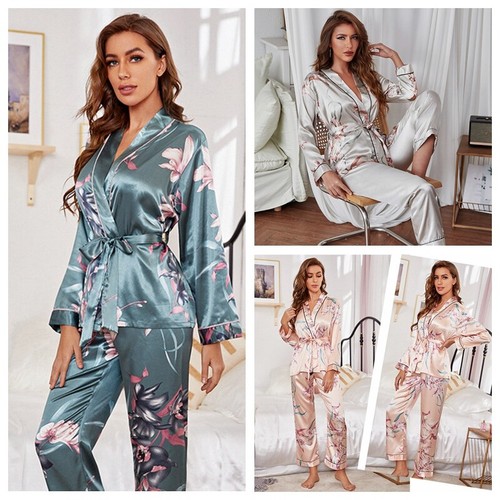 Womens Ladies Designer Inspired Satin Pyjamas Long Sleeve Sleepwear  Nightwear | eBay