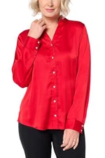 Denim & Co. Women's Satin Long-Sleeve Button-Front Top Red