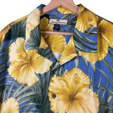 Tommy Bahama Mens Size XL Silk Hibiscus Floral Hawaiian Camp Shirt Blue Yellow