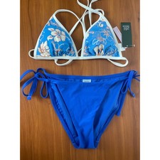 2-piece Blue Floral Bikini Set Triangle Top Side Tie Cheeky Bottom Medium
