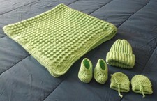 Handcrafted Crochet Baby Blanket, Hat, Booties, Mittens in Seaglass/Sz 0-3 Mnths