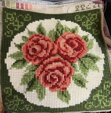Completed Needle Work Needle, Point Crosstitch Type Design, Lg Red Roses Floral