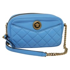 Borsa a tracolla VERSACE trapuntata catena pelle blu oro Auth 120479A