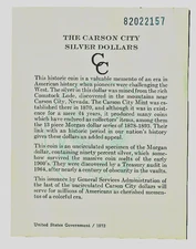 1882 Carson City Silver Dollar GSA Treasure Original Certificate of Authenticity