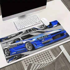 15.7x35.4 inch Large Gaming Desk Mat with Blue Car Design-Non-Slip Rubber Base &