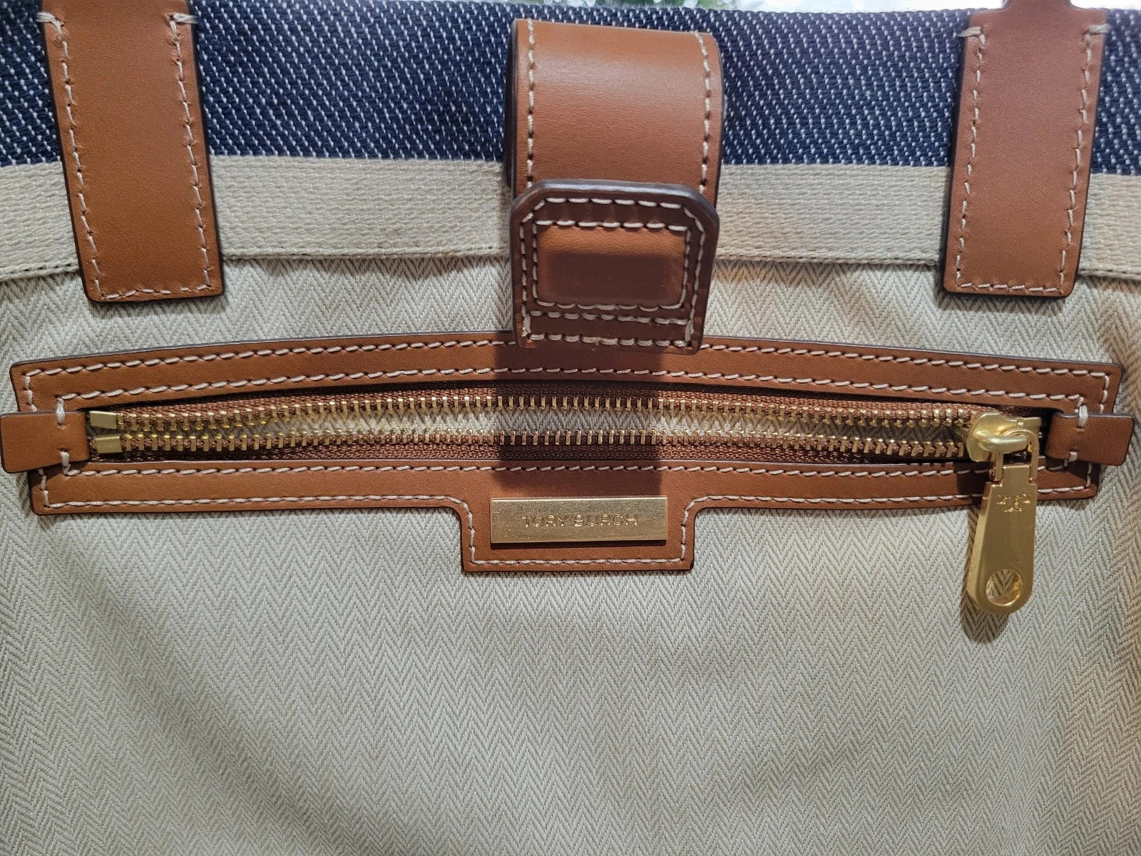 Borsa tote Ella Tory Burch nuova senza etichette in tessuto con bordo in pelle 17x13