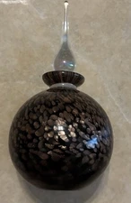 Murano Style Black &Gold Flake Art Glass Perfume Bottle Hand Blown Clear Stopper
