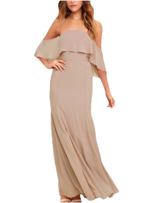 Lulus All My Heart Taupe Off-the-Shoulder Formal Maxi Dress Womens Sz M ~  NWT