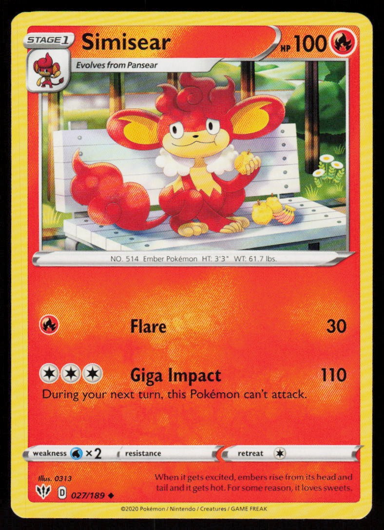 Simisear 027/189 Uncommon Darkness Ablaze Pokemon Near Mint