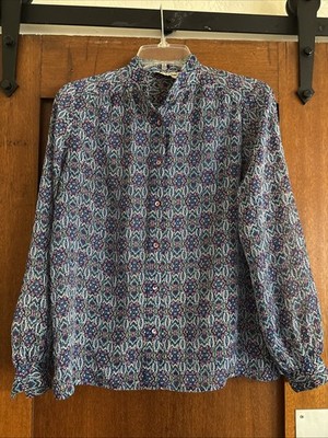 Vintage 80s 90s Abstract Art Print Blouse Button Front Retro Teacher Aesthetic L