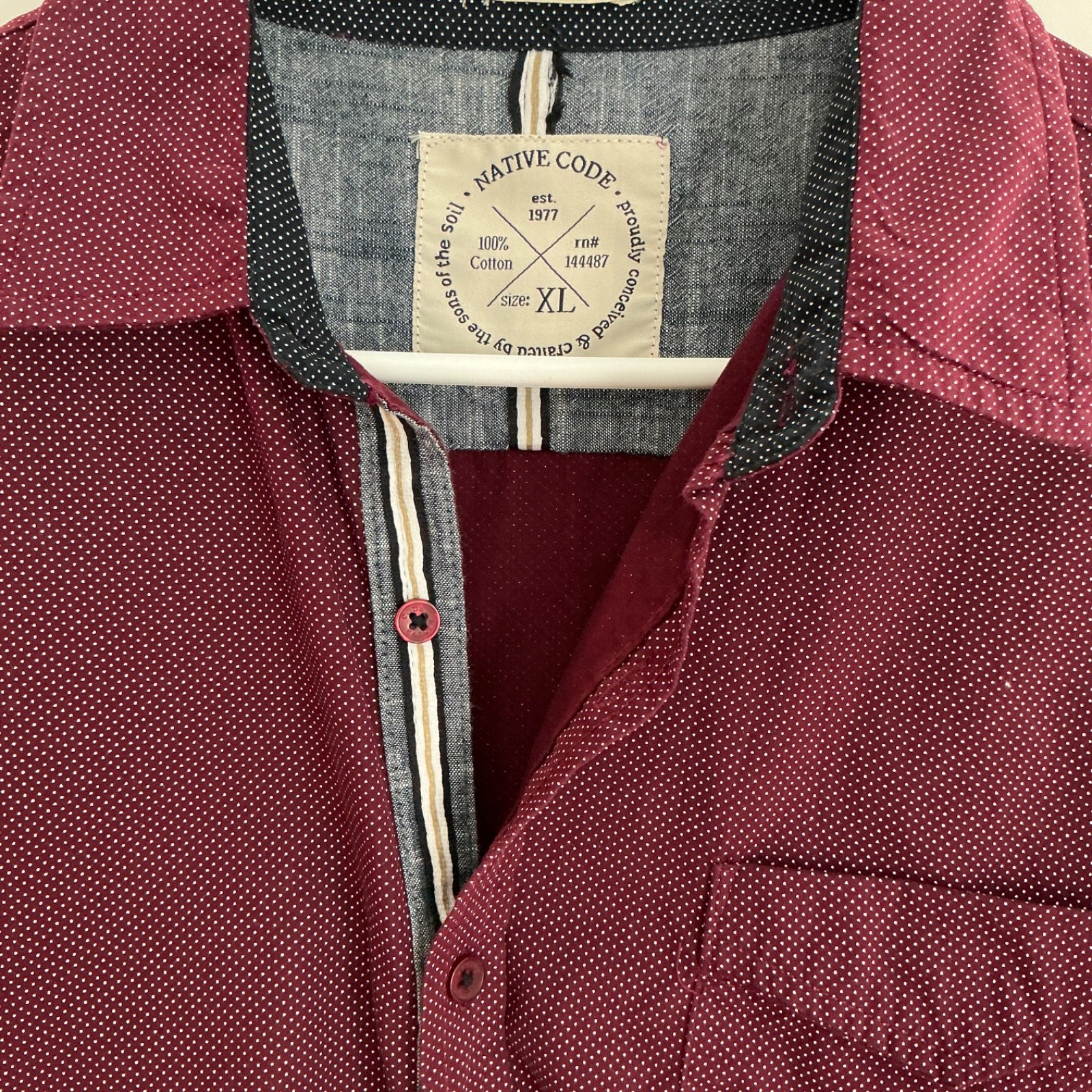 Native Code Button Up Shirt  Maroon Grey Print Me… - image 3