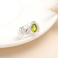 925 Sterling Silver Oval Peridot Filigree Women Statement Ring Gift