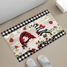 Spring Daisy Flower Bath Mat for Bathroom Decor, Gnome Ladybug Buffalo Plaid Bee